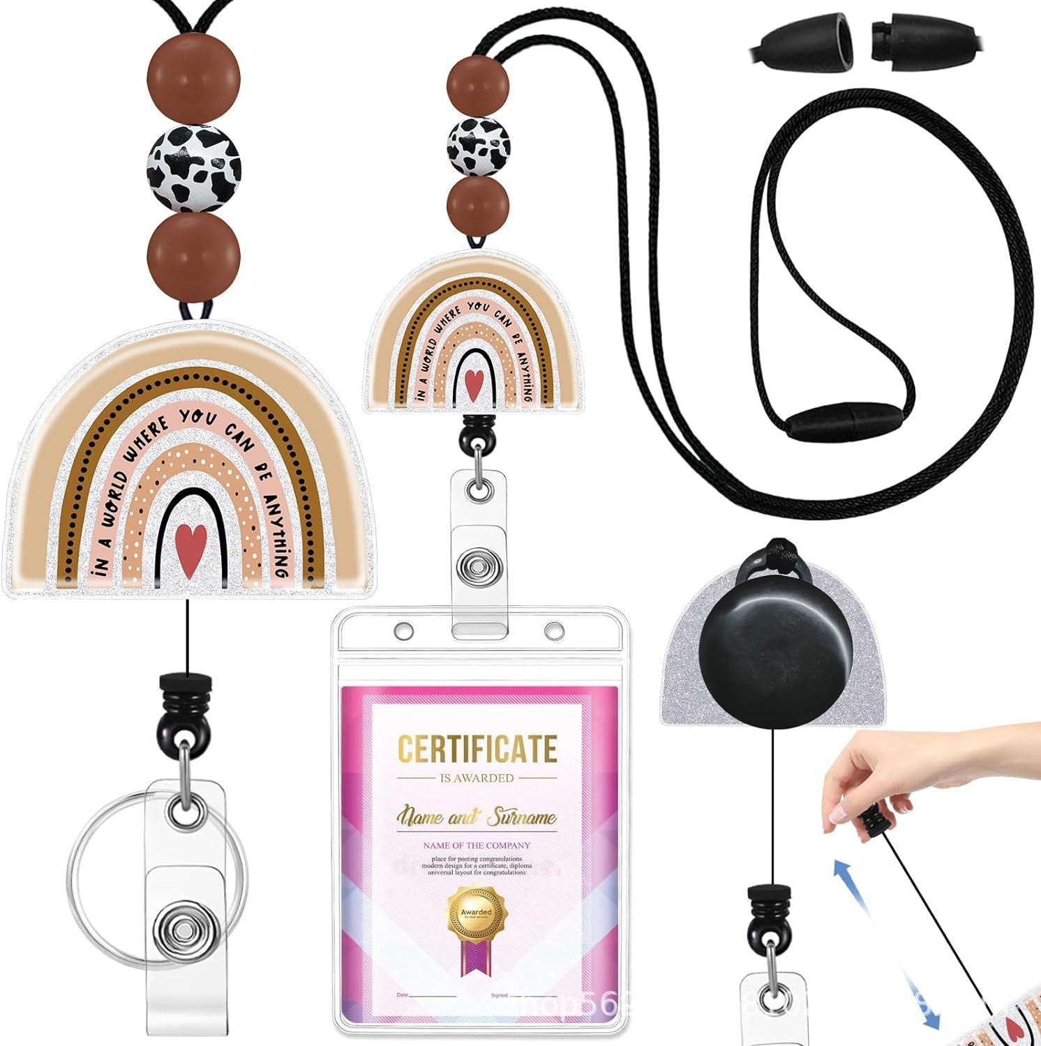 Wholesale Badge Reels Cow Leopard Print West Highland Cow Rainbow Sunflower Card Holder Silicone Beaded Lanyard Retractable Keychain